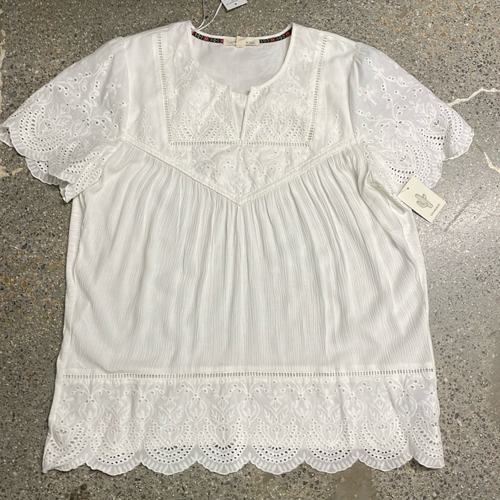 White eyelet mixed media blouse
